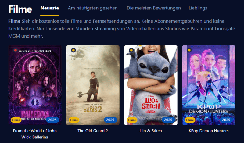 Screenshot der Benutzeroberflache von Einschalten die eine moderne Streaming-Plattform mit Filmen und Serien anzeigt